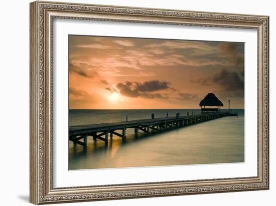 Pier with Palapa at Sunrise, Ambergris Caye, Belize-null-Framed Photographic Print