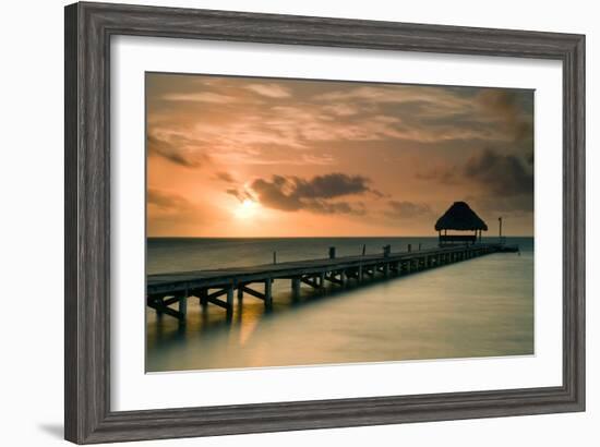 Pier with Palapa at Sunrise, Ambergris Caye, Belize-null-Framed Photographic Print