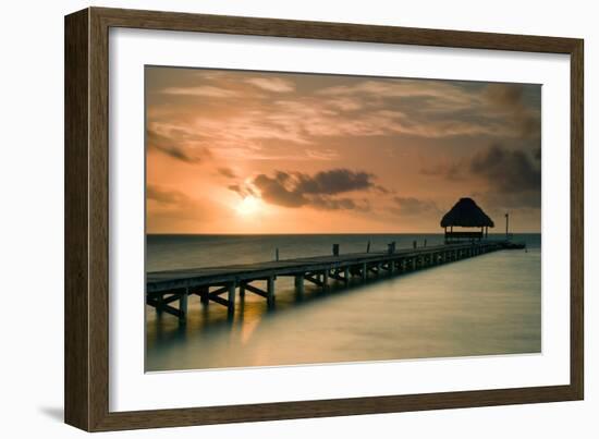 Pier with Palapa at Sunrise, Ambergris Caye, Belize-null-Framed Photographic Print