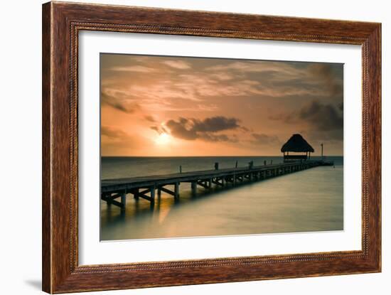 Pier with Palapa at Sunrise, Ambergris Caye, Belize--Framed Photographic Print