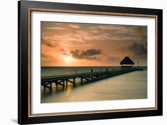 Pier with Palapa at Sunrise, Ambergris Caye, Belize-null-Framed Photographic Print