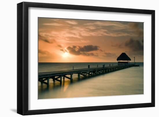 Pier with Palapa at Sunrise, Ambergris Caye, Belize-null-Framed Photographic Print