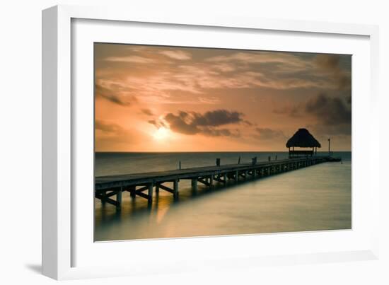 Pier with Palapa at Sunrise, Ambergris Caye, Belize-null-Framed Photographic Print