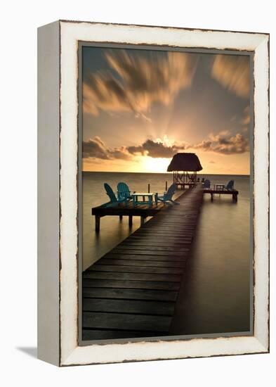 Pier with Palapa on Caribbean Sea at Sunrise, Caye Caulker Pier, Belize-null-Framed Stretched Canvas