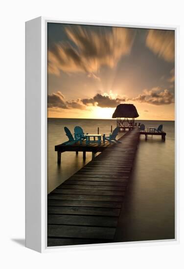 Pier with Palapa on Caribbean Sea at Sunrise, Caye Caulker Pier, Belize-null-Framed Stretched Canvas