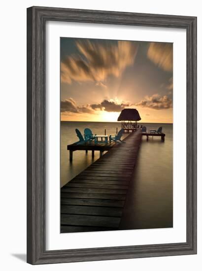 Pier with Palapa on Caribbean Sea at Sunrise, Caye Caulker Pier, Belize-null-Framed Photographic Print