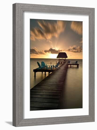 Pier with Palapa on Caribbean Sea at Sunrise, Caye Caulker Pier, Belize-null-Framed Photographic Print