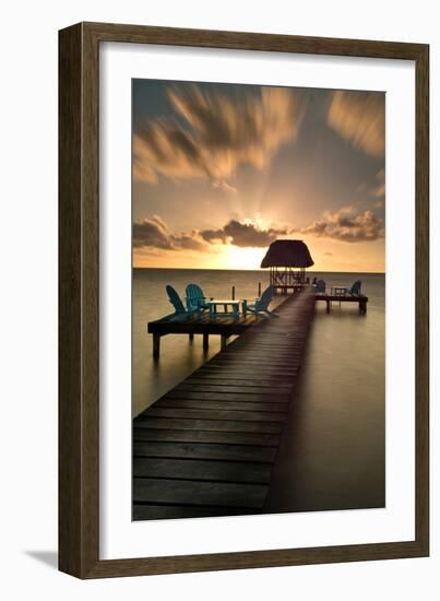 Pier with Palapa on Caribbean Sea at Sunrise, Caye Caulker Pier, Belize-null-Framed Photographic Print