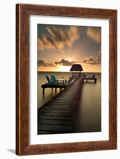 Pier with Palapa on Caribbean Sea at Sunrise, Caye Caulker Pier, Belize-null-Framed Photographic Print