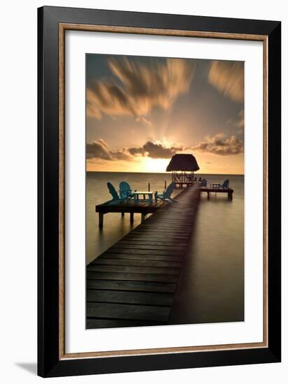 Pier with Palapa on Caribbean Sea at Sunrise, Caye Caulker Pier, Belize-null-Framed Photographic Print