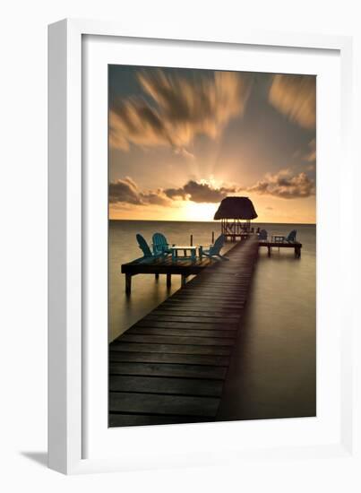 Pier with Palapa on Caribbean Sea at Sunrise, Caye Caulker Pier, Belize-null-Framed Photographic Print