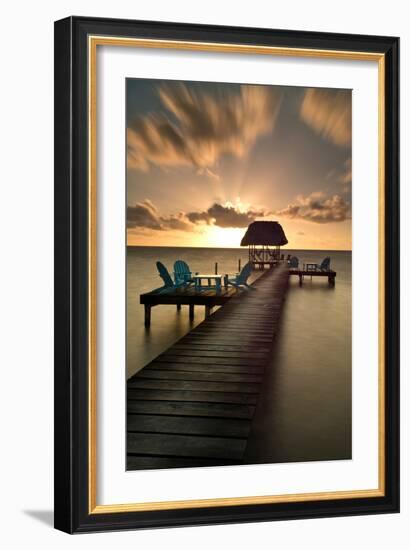 Pier with Palapa on Caribbean Sea at Sunrise, Caye Caulker Pier, Belize--Framed Photographic Print