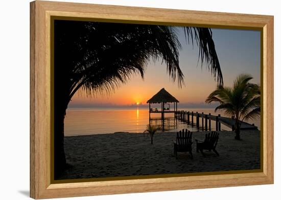 Pier with Palapa on Caribbean Sea at Sunrise, Maya Beach, Stann Creek District, Belize-null-Framed Stretched Canvas