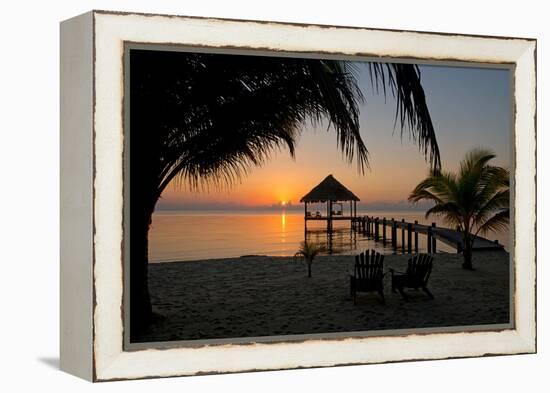 Pier with Palapa on Caribbean Sea at Sunrise, Maya Beach, Stann Creek District, Belize-null-Framed Stretched Canvas