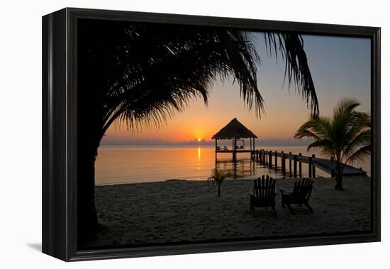 Pier with Palapa on Caribbean Sea at Sunrise, Maya Beach, Stann Creek District, Belize-null-Framed Stretched Canvas