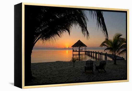 Pier with Palapa on Caribbean Sea at Sunrise, Maya Beach, Stann Creek District, Belize-null-Framed Stretched Canvas