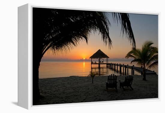 Pier with Palapa on Caribbean Sea at Sunrise, Maya Beach, Stann Creek District, Belize-null-Framed Stretched Canvas