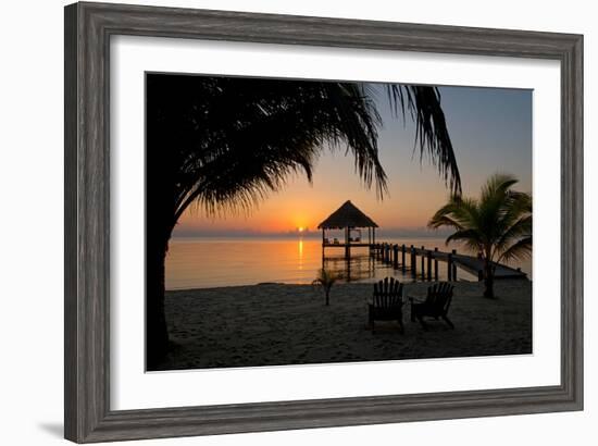 Pier with Palapa on Caribbean Sea at Sunrise, Maya Beach, Stann Creek District, Belize--Framed Photographic Print