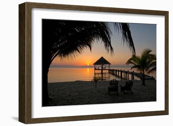 Pier with Palapa on Caribbean Sea at Sunrise, Maya Beach, Stann Creek District, Belize-null-Framed Photographic Print