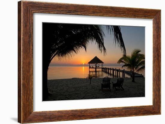Pier with Palapa on Caribbean Sea at Sunrise, Maya Beach, Stann Creek District, Belize--Framed Photographic Print