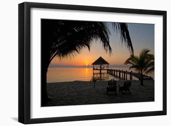 Pier with Palapa on Caribbean Sea at Sunrise, Maya Beach, Stann Creek District, Belize-null-Framed Photographic Print