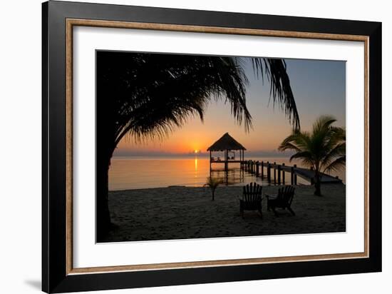 Pier with Palapa on Caribbean Sea at Sunrise, Maya Beach, Stann Creek District, Belize-null-Framed Photographic Print