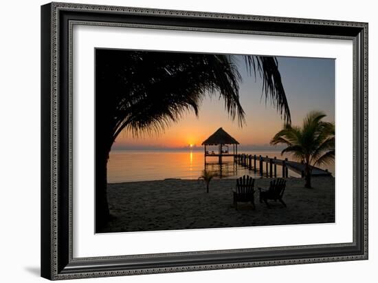 Pier with Palapa on Caribbean Sea at Sunrise, Maya Beach, Stann Creek District, Belize--Framed Photographic Print