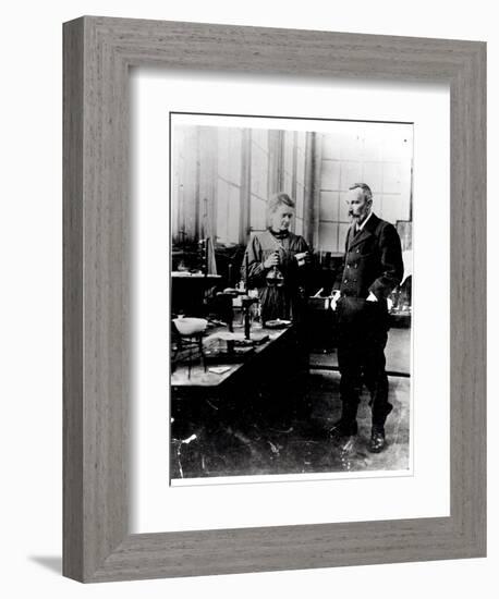 Pierre (1859-1906) and Marie Curie (1867-1934) in their Laboratory, c.1900-Valerian Gribayedoff-Framed Giclee Print