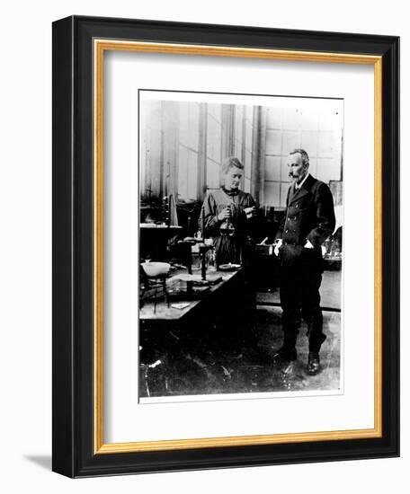 Pierre (1859-1906) and Marie Curie (1867-1934) in their Laboratory, c.1900-Valerian Gribayedoff-Framed Giclee Print