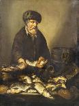 A Fishmonger Holding a Pike, with Bream, Perch and Other Fish on a Ledge-Pieter de Putter-Giclee Print