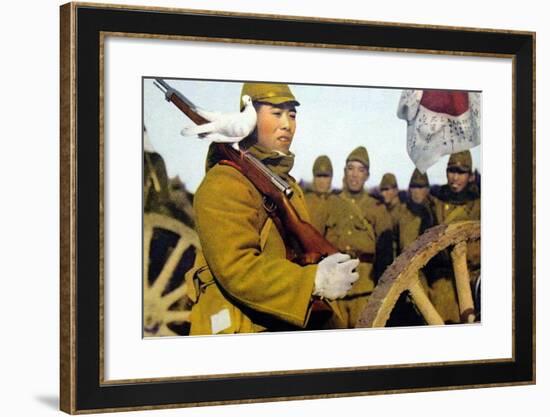 Pigeon Rests On A Japanese Infantryman's Rifle As He Marches-null-Framed Art Print
