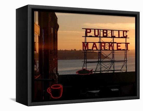 Pike Place Market and Puget Sound, Seattle, Washington State-Aaron McCoy-Framed Premier Image Canvas