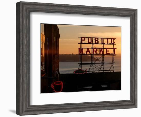 Pike Place Market and Puget Sound, Seattle, Washington State-Aaron McCoy-Framed Photographic Print