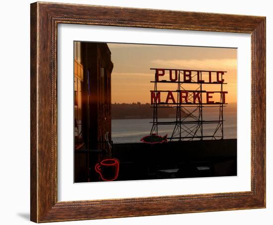 Pike Place Market and Puget Sound, Seattle, Washington State-Aaron McCoy-Framed Photographic Print