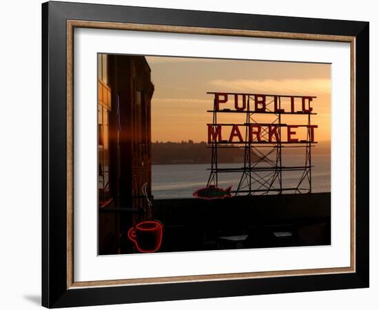 Pike Place Market and Puget Sound, Seattle, Washington State-Aaron McCoy-Framed Photographic Print