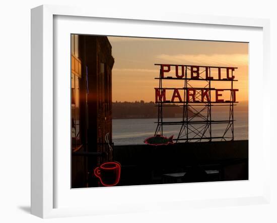 Pike Place Market and Puget Sound, Seattle, Washington State-Aaron McCoy-Framed Photographic Print