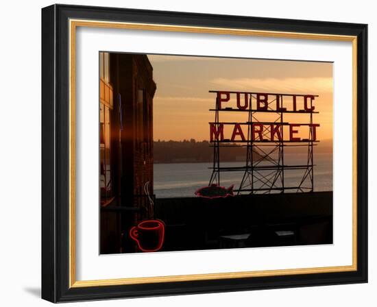 Pike Place Market and Puget Sound, Seattle, Washington State-Aaron McCoy-Framed Photographic Print