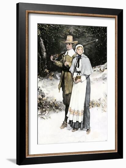 Pilgrim Couple on the Way to Church, Plymouth Colony-null-Framed Giclee Print