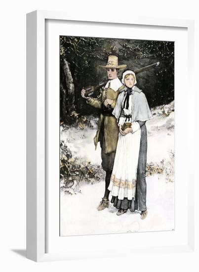 Pilgrim Couple on the Way to Church, Plymouth Colony-null-Framed Giclee Print