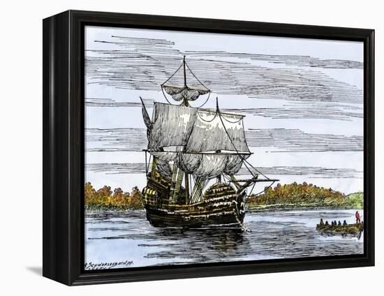 Pilgrim Landing Party from the Mayflower in Plymouth Harbor-null-Framed Premier Image Canvas