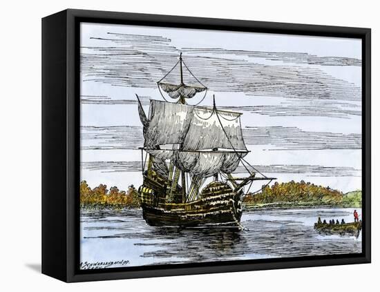 Pilgrim Landing Party from the Mayflower in Plymouth Harbor-null-Framed Premier Image Canvas