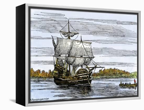 Pilgrim Landing Party from the Mayflower in Plymouth Harbor-null-Framed Premier Image Canvas