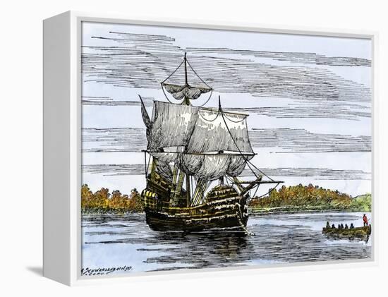 Pilgrim Landing Party from the Mayflower in Plymouth Harbor-null-Framed Premier Image Canvas