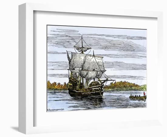 Pilgrim Landing Party from the Mayflower in Plymouth Harbor-null-Framed Giclee Print