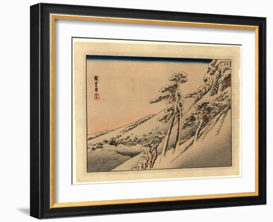 Pilgrims Ascending Snow-Covered Hillside Toward Temple at Summit-Utagawa Hiroshige-Framed Giclee Print