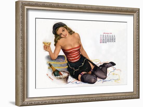 Pin Up Celebrating New Year with Champagne, Esquire Girl Calendar 1950 (January)-null-Framed Premium Giclee Print