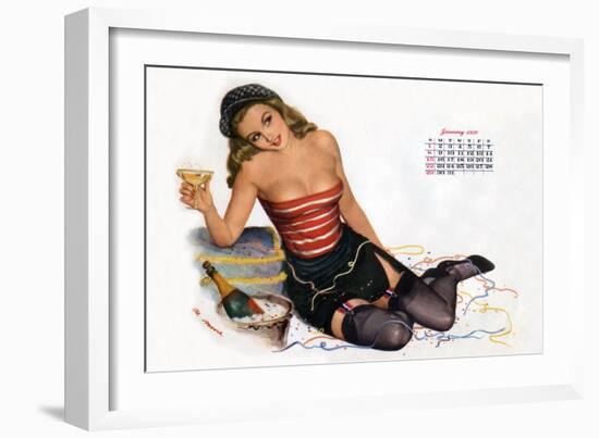 Pin Up Celebrating New Year with Champagne, Esquire Girl Calendar 1950 (January)-null-Framed Premium Giclee Print