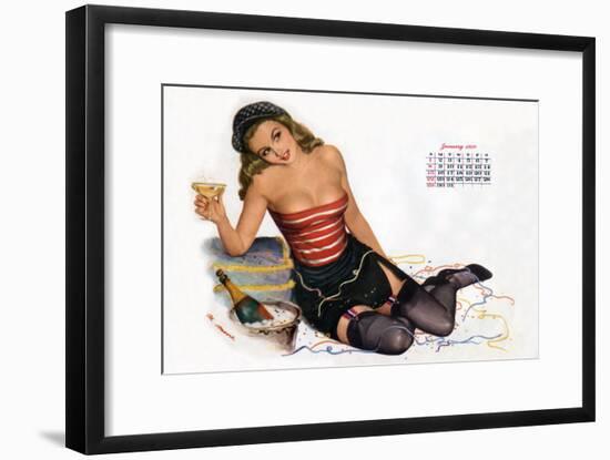 Pin Up Celebrating New Year with Champagne, Esquire Girl Calendar 1950 (January)-null-Framed Art Print