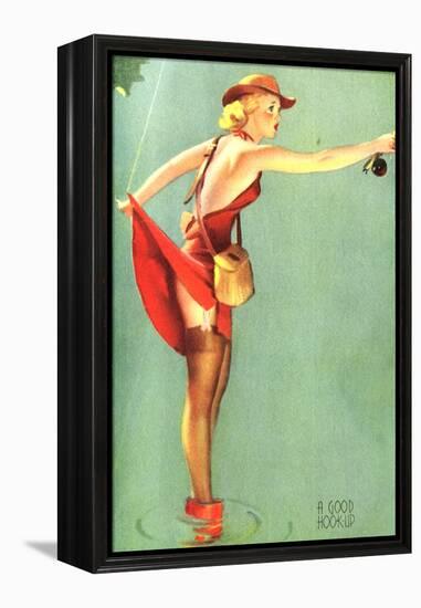 Pin-Up Fishing with Skirt Caught in Hook, 1940-null-Framed Premier Image Canvas