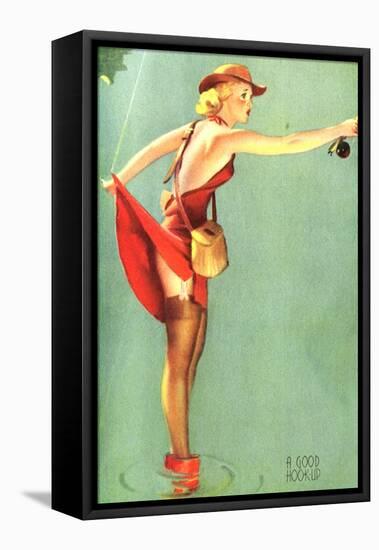 Pin-Up Fishing with Skirt Caught in Hook, 1940-null-Framed Premier Image Canvas